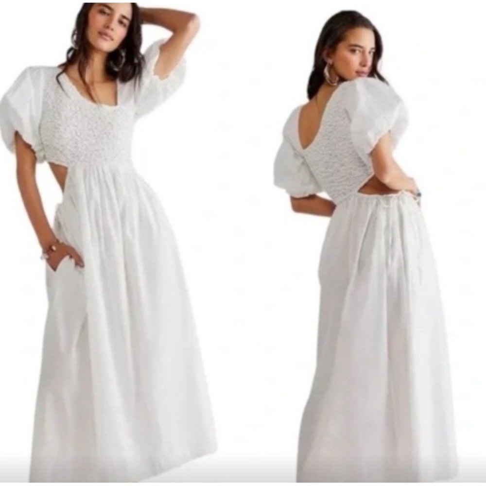 Free People Endless Summer Kalina Maxi Dress L White smocked Puff Sleeve Cutout